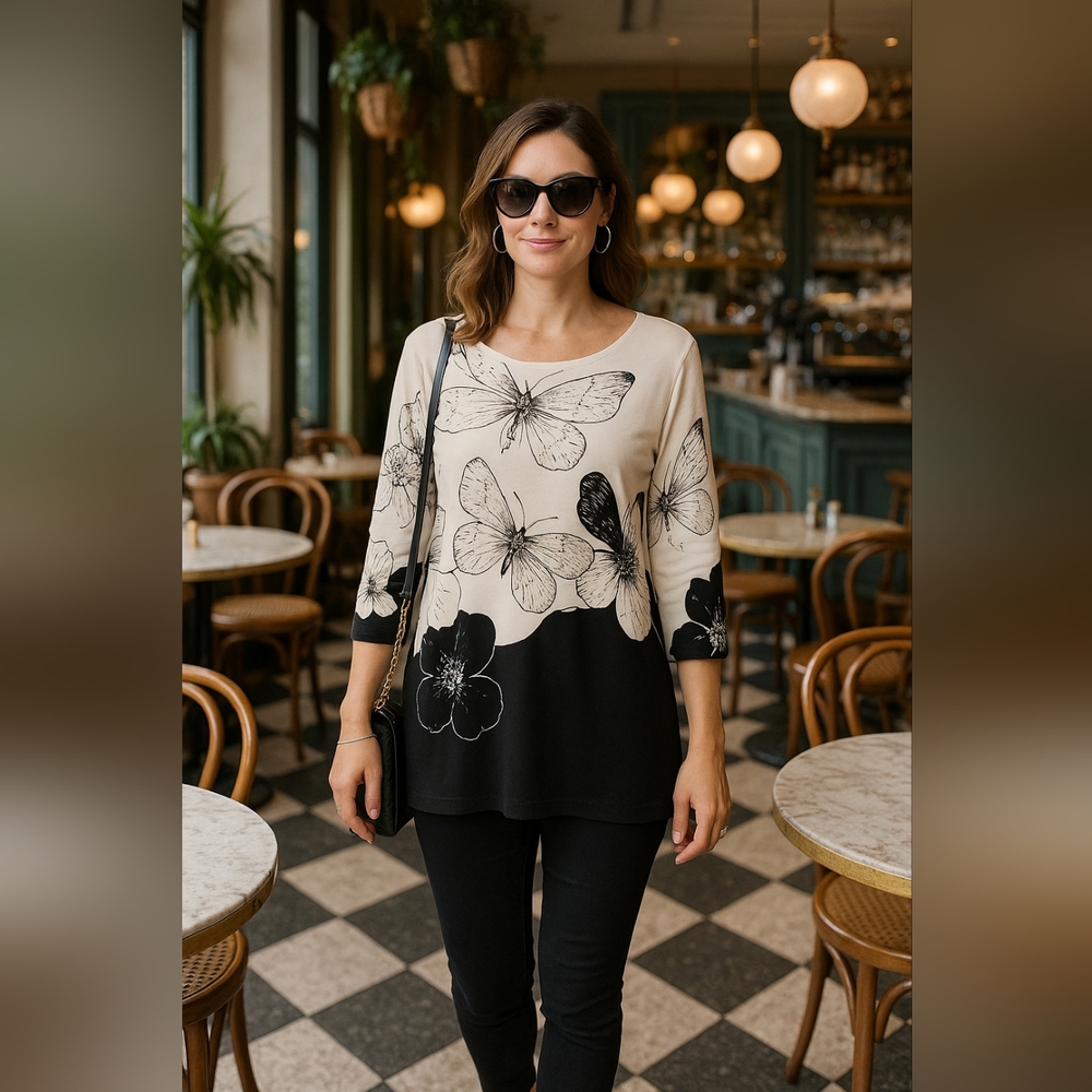 Chico's Knit Kit White Black Butterfly Floral Long Sleeve Top Sz 3 or L Gothic